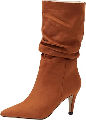Boots For Women Mid Calf Ankle Boots for Women Suede Pleated Low Heel Point Toe Boots Fall Comfortable Wide Calf Winter