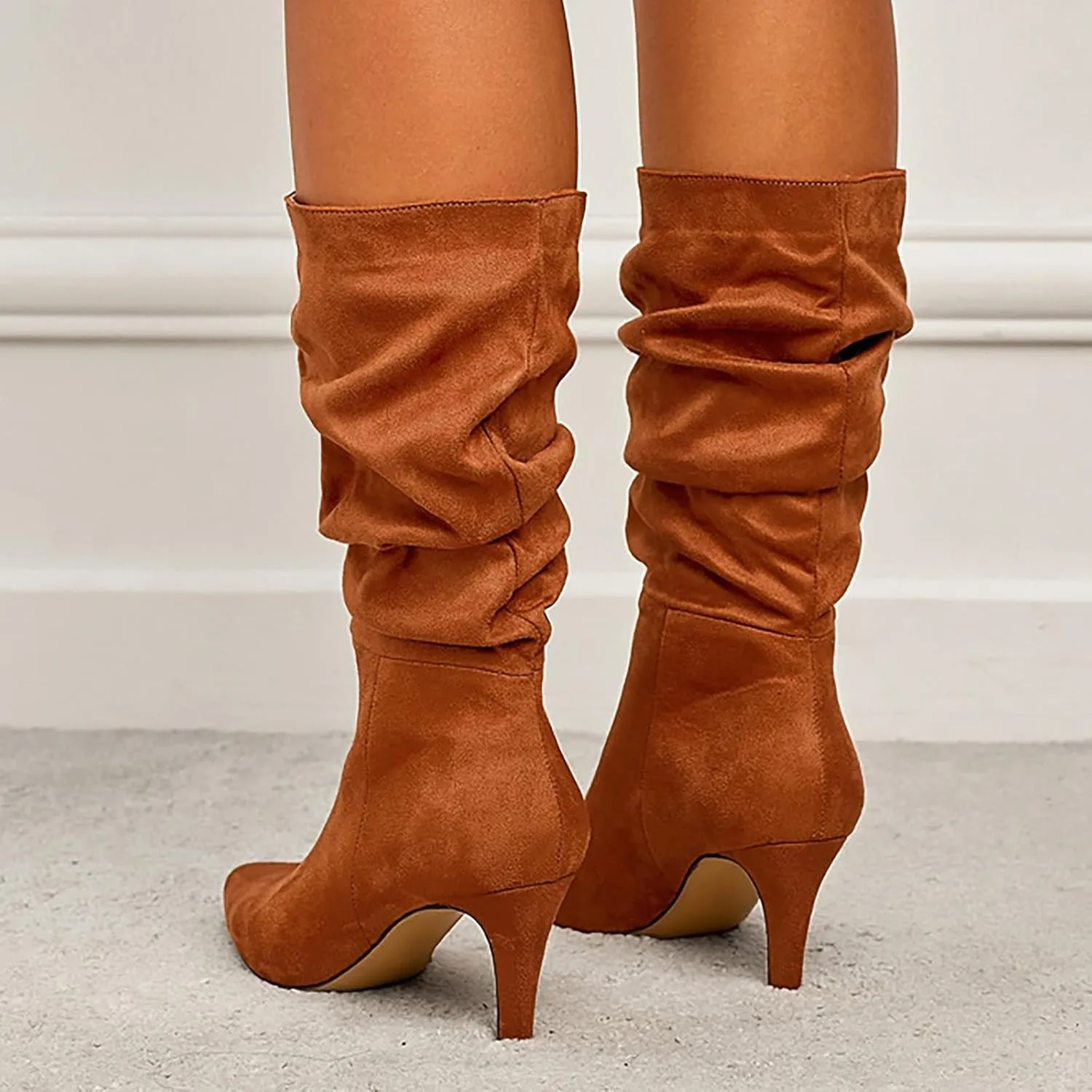 Boots For Women Mid Calf Ankle Boots for Women Suede Pleated Low Heel Point Toe Boots Fall Comfortable Wide Calf Winter