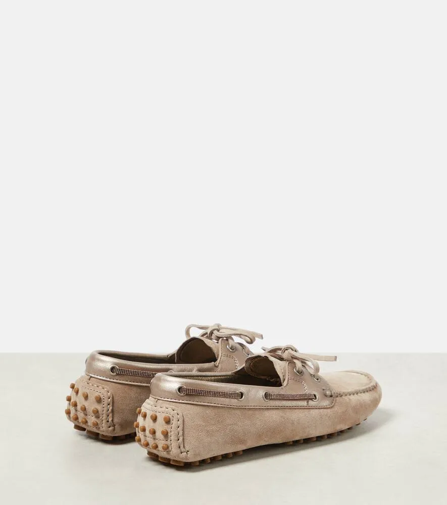 Brunello Cucinelli Leather-trimmed suede moccasins