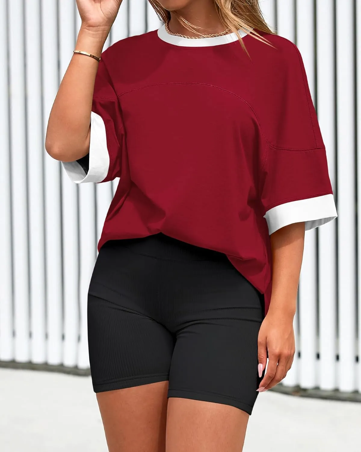 BTFBM Womens Oversized T Shirts Dressy Casual Short Sleeve Summer Tops Crew Neck Color Block Blouse Loose Fit Basic Tee