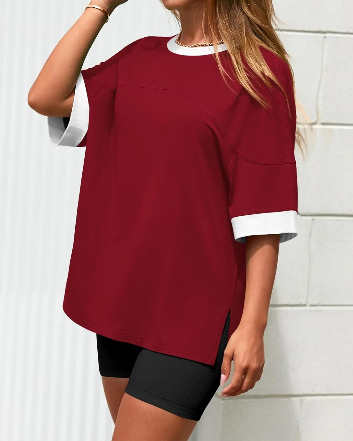 BTFBM Womens Oversized T Shirts Dressy Casual Short Sleeve Summer Tops Crew Neck Color Block Blouse Loose Fit Basic Tee