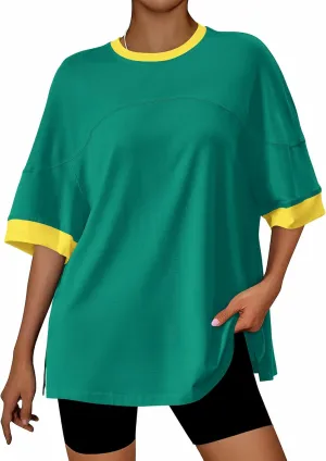 BTFBM Womens Oversized T Shirts Dressy Casual Short Sleeve Summer Tops Crew Neck Color Block Blouse Loose Fit Basic Tee