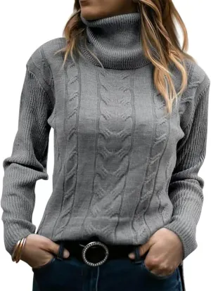 Cable Knit Sweater Women Long Sleeve Solid Color Casual Loose Chunky Knit Pullover S~2XL