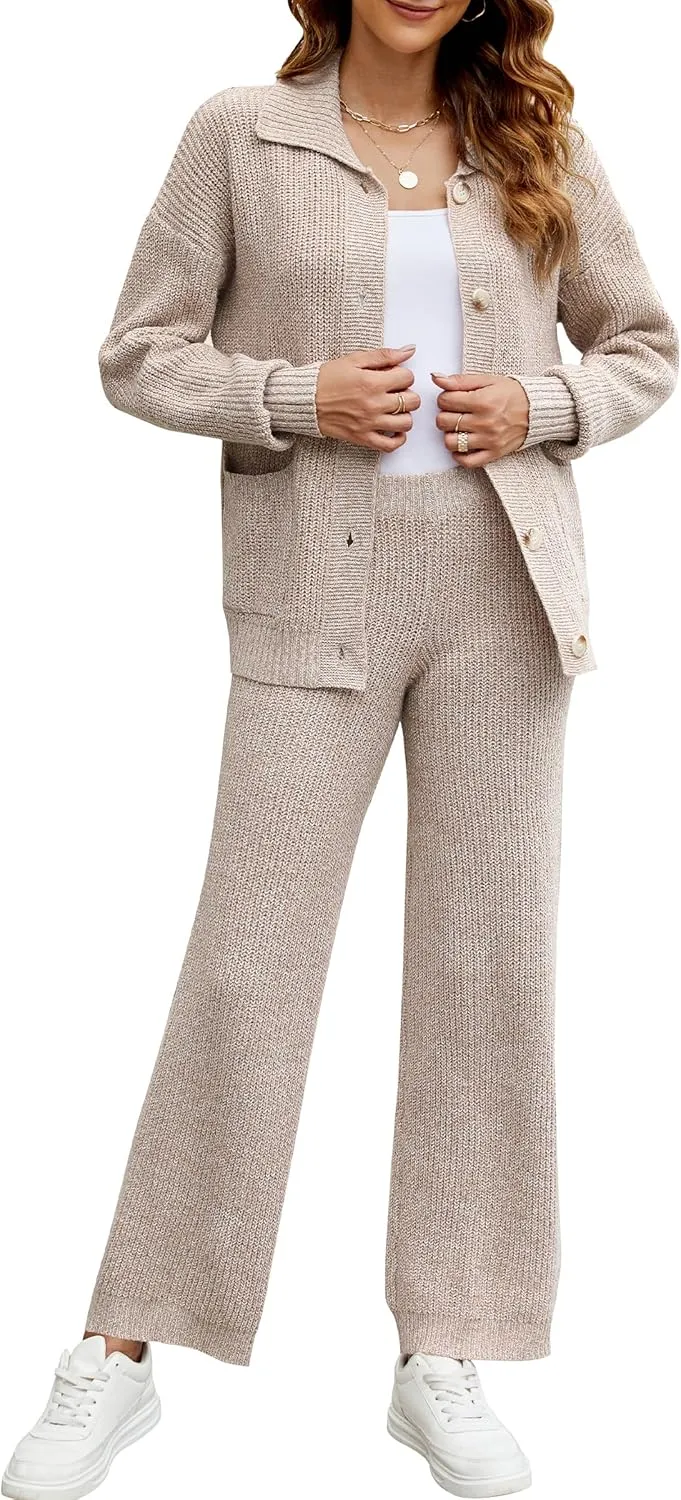 Cakulo Womens 2024 Lounge Sets 2 Piece Outfits Fall Button Sweater Matching Set Wide Leg Loungewear Sweatsuits