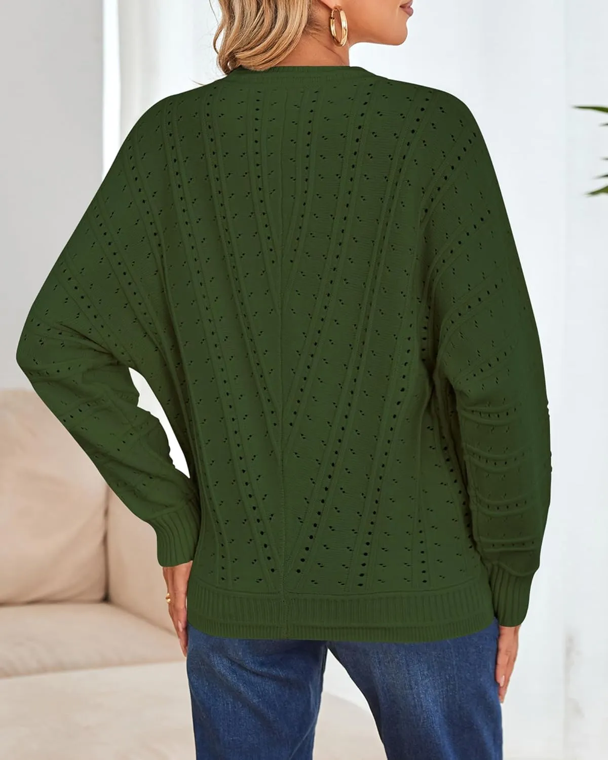 Cakulo Womens 2024 Sweaters Oversized Fall Tunic Batwing Crochet Pullover Knit Sweater Trendy Crew Neck Top