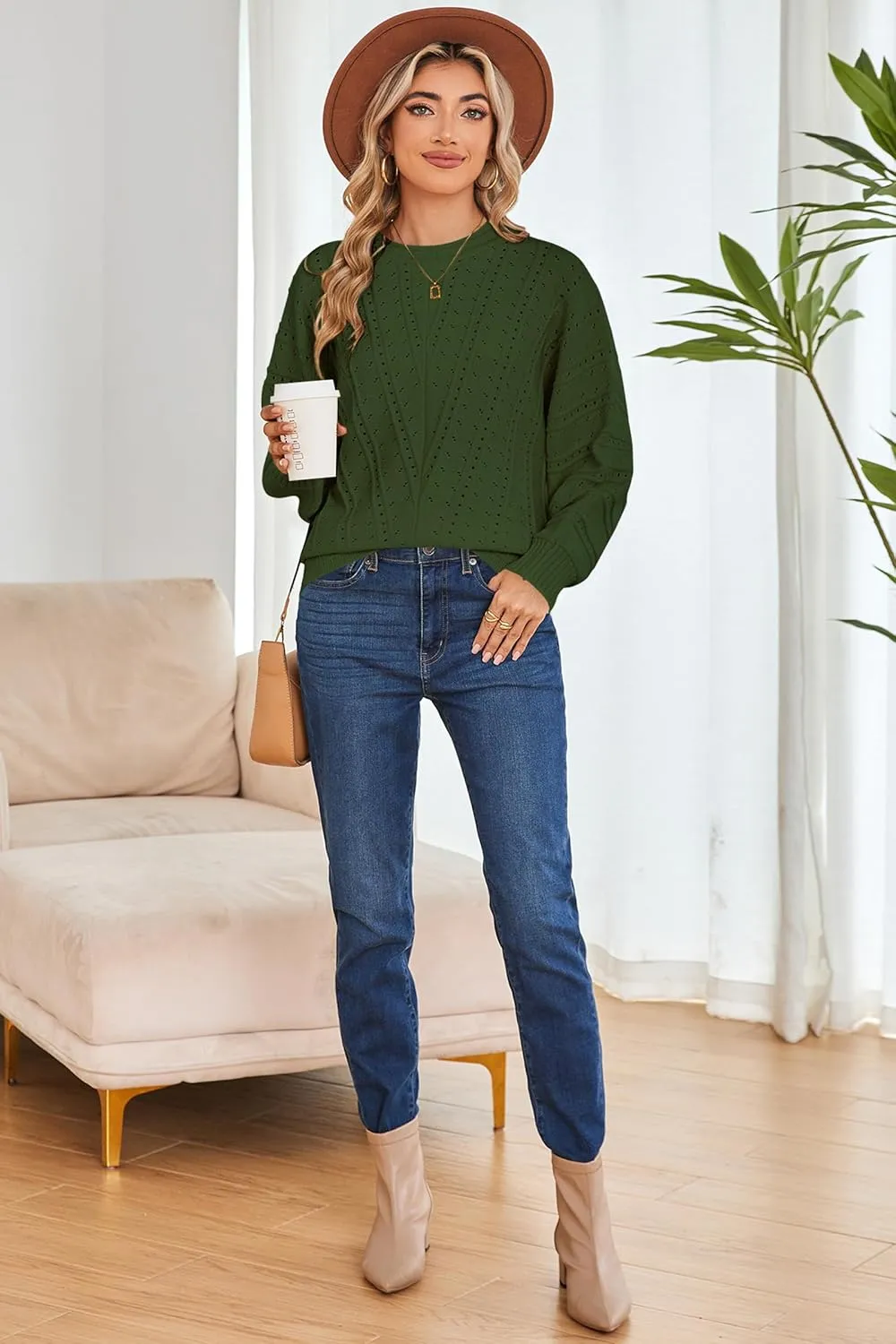 Cakulo Womens 2024 Sweaters Oversized Fall Tunic Batwing Crochet Pullover Knit Sweater Trendy Crew Neck Top