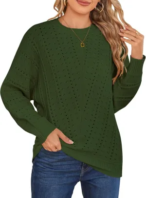 Cakulo Womens 2024 Sweaters Oversized Fall Tunic Batwing Crochet Pullover Knit Sweater Trendy Crew Neck Top