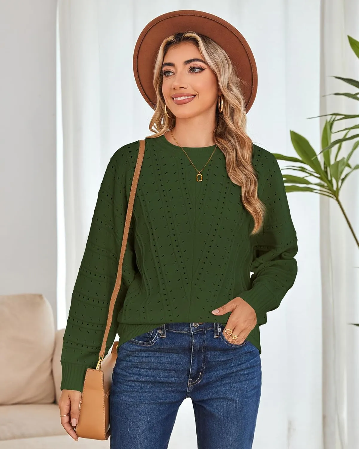 Cakulo Womens 2024 Sweaters Oversized Fall Tunic Batwing Crochet Pullover Knit Sweater Trendy Crew Neck Top