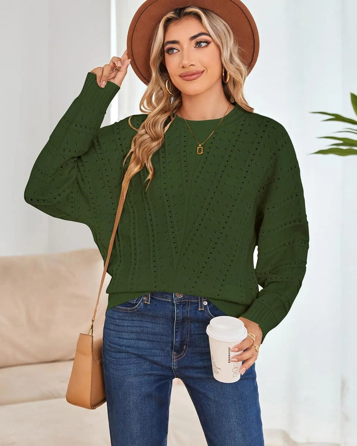 Cakulo Womens 2024 Sweaters Oversized Fall Tunic Batwing Crochet Pullover Knit Sweater Trendy Crew Neck Top