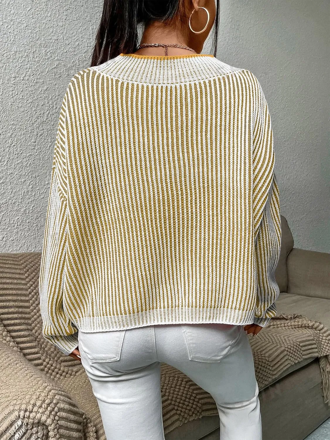 Cakulo Womens Fall 2024 Oversized Striped V Neck Sweaters Long Sleeve Knit Color Block Trendy Pullover Sweater Top