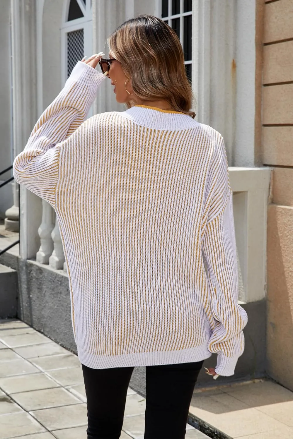Cakulo Womens Fall 2024 Oversized Striped V Neck Sweaters Long Sleeve Knit Color Block Trendy Pullover Sweater Top