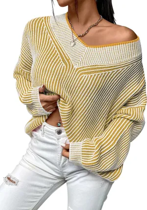 Cakulo Womens Fall 2024 Oversized Striped V Neck Sweaters Long Sleeve Knit Color Block Trendy Pullover Sweater Top
