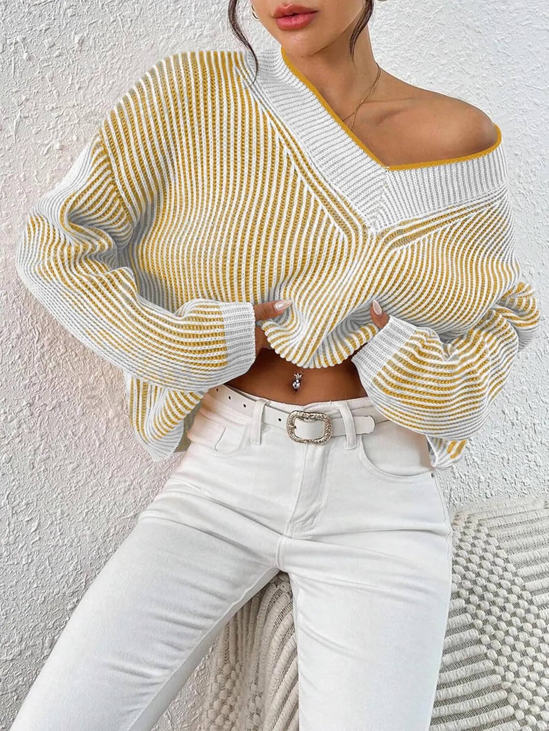 Cakulo Womens Fall 2024 Oversized Striped V Neck Sweaters Long Sleeve Knit Color Block Trendy Pullover Sweater Top