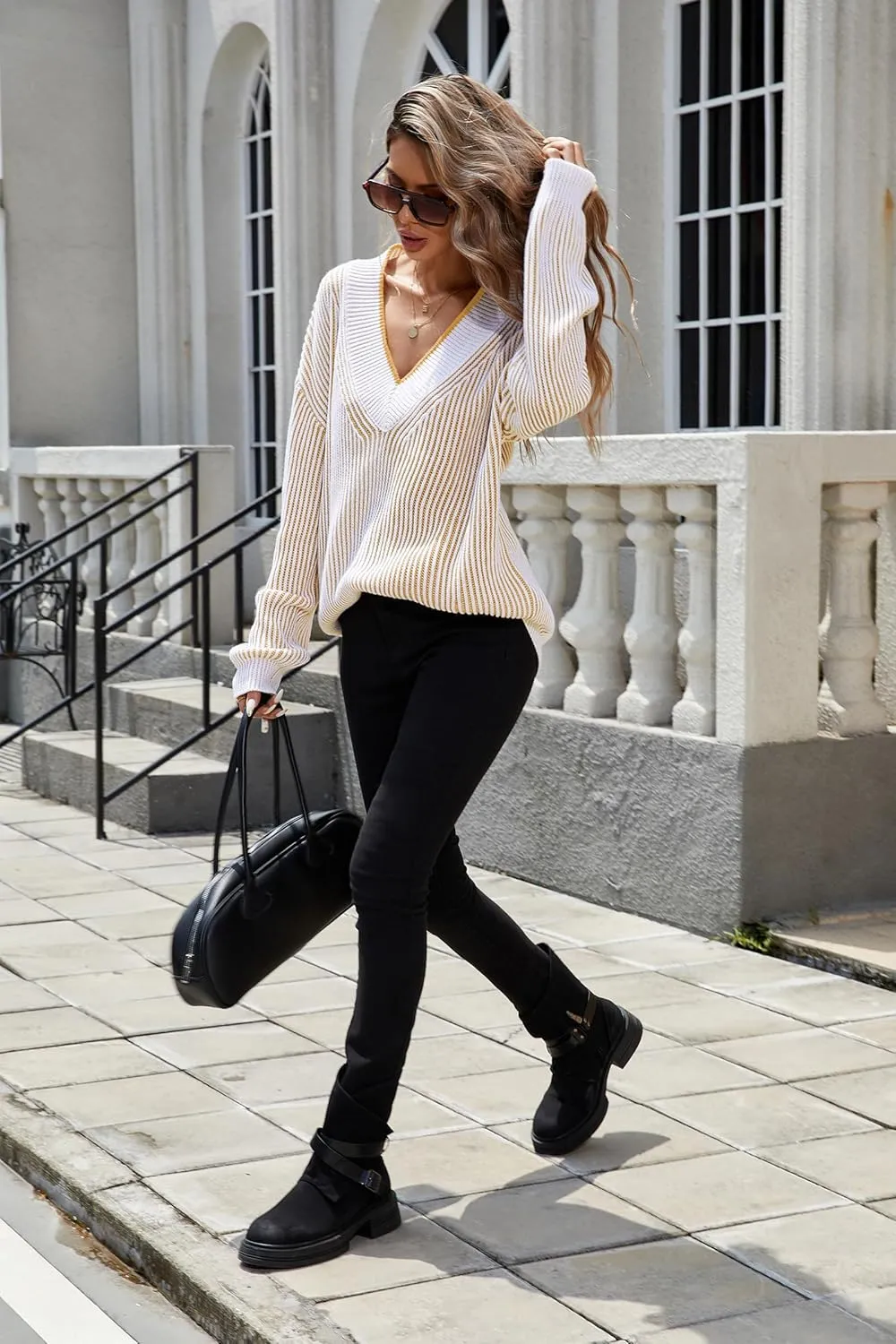 Cakulo Womens Fall 2024 Oversized Striped V Neck Sweaters Long Sleeve Knit Color Block Trendy Pullover Sweater Top