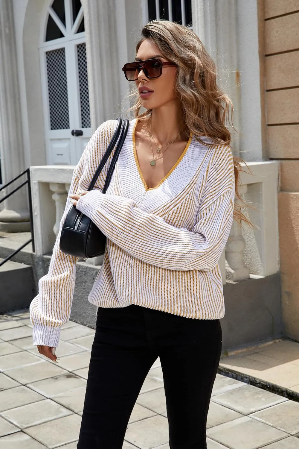 Cakulo Womens Fall 2024 Oversized Striped V Neck Sweaters Long Sleeve Knit Color Block Trendy Pullover Sweater Top