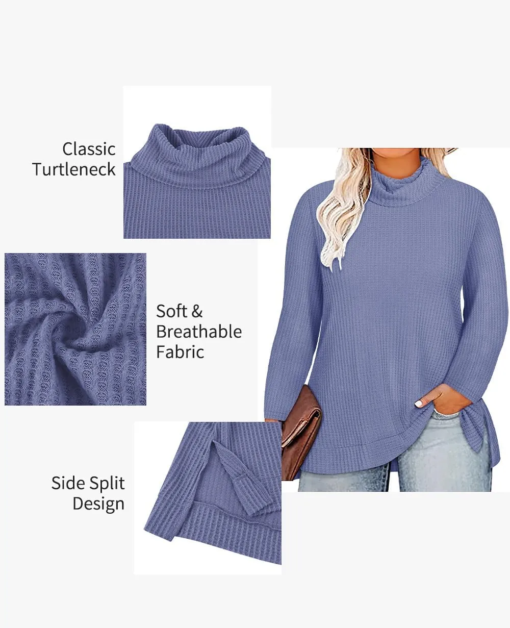 CARCOS Womens Plus Size Turtleneck Sweaters Long Sleeve Waffle Knit Tops Side Spilt Solid T-Shirts for Fall Winter
