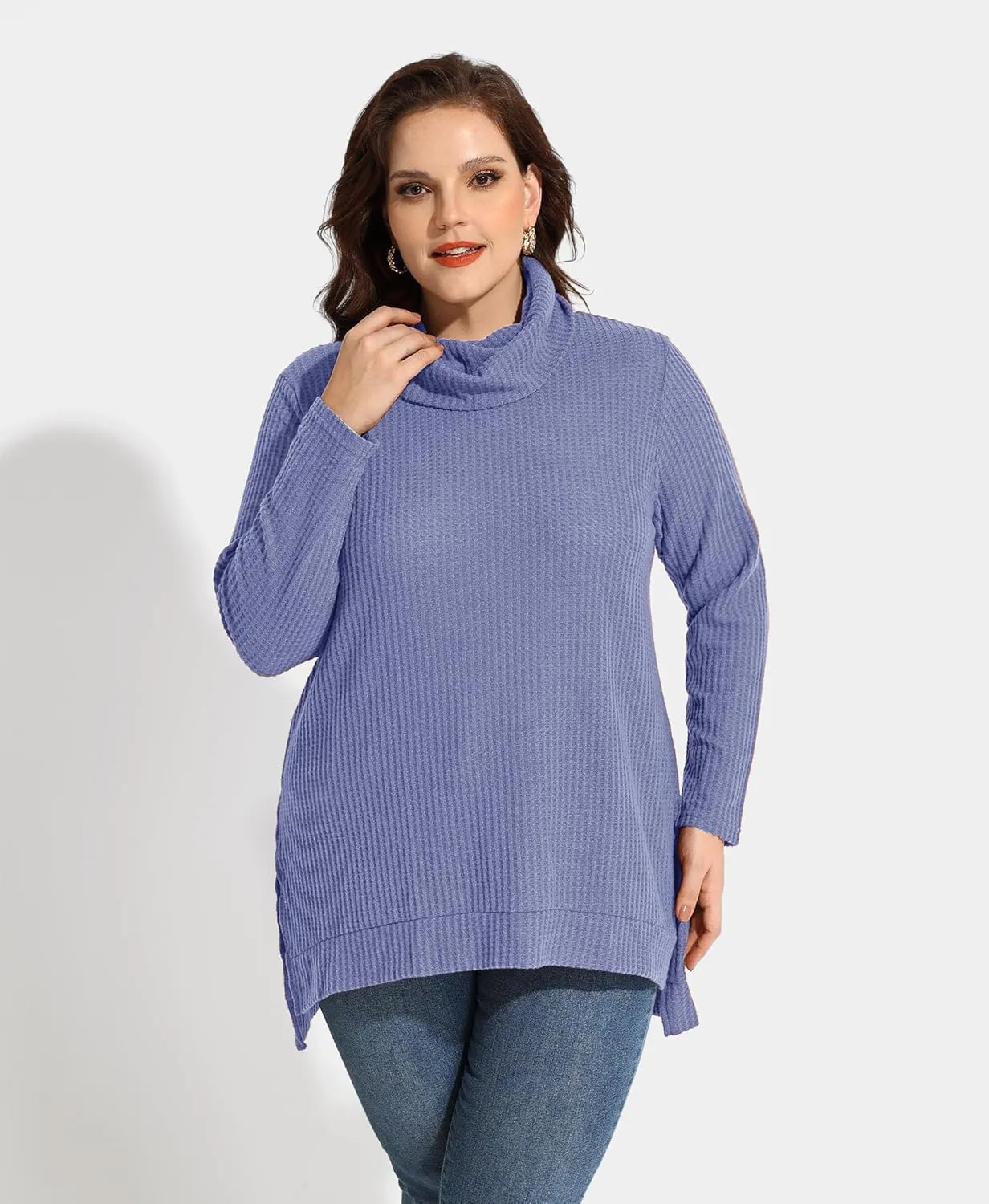CARCOS Womens Plus Size Turtleneck Sweaters Long Sleeve Waffle Knit Tops Side Spilt Solid T-Shirts for Fall Winter