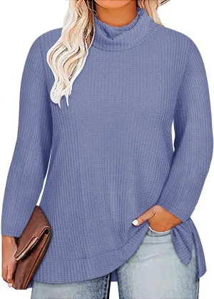 CARCOS Womens Plus Size Turtleneck Sweaters Long Sleeve Waffle Knit Tops Side Spilt Solid T-Shirts for Fall Winter
