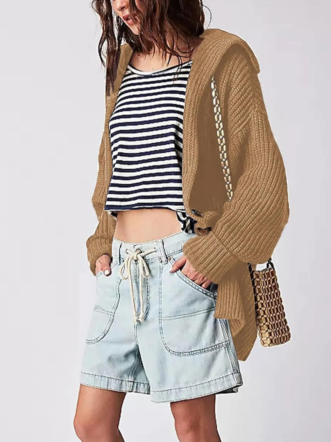 Cardigan Sweaters for Women Sailor Collar Long Sleeve Button Oversized Chunky Knit Trendy Slouchy Coat