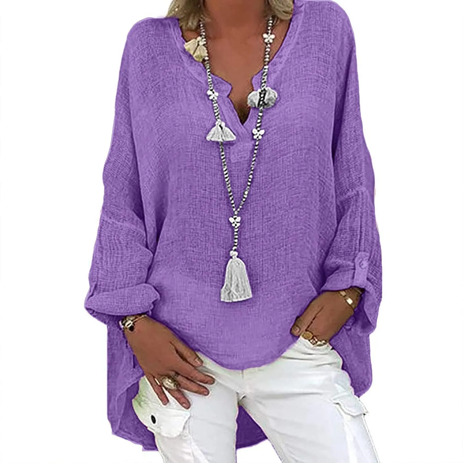 Ceboyel Women Boho Linen Shirts Long Sleeve Causal Summer Tops V Neck Loose Fit Blouse Tunic Trendy Ladies Outfits 2023