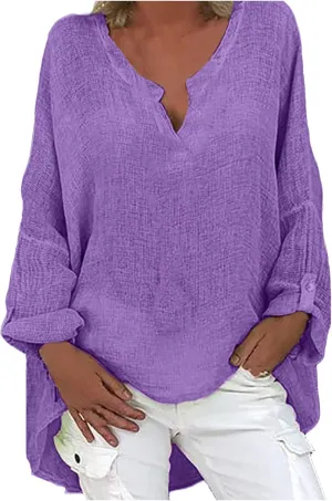 Ceboyel Women Boho Linen Shirts Long Sleeve Causal Summer Tops V Neck Loose Fit Blouse Tunic Trendy Ladies Outfits 2023