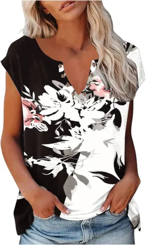 Ceboyel Women Cap Sleeve Blouse Tops Floral Print Fashion Casual T Shirts V Neck Cute Summer Tee Loose Vacation Outfits 2023