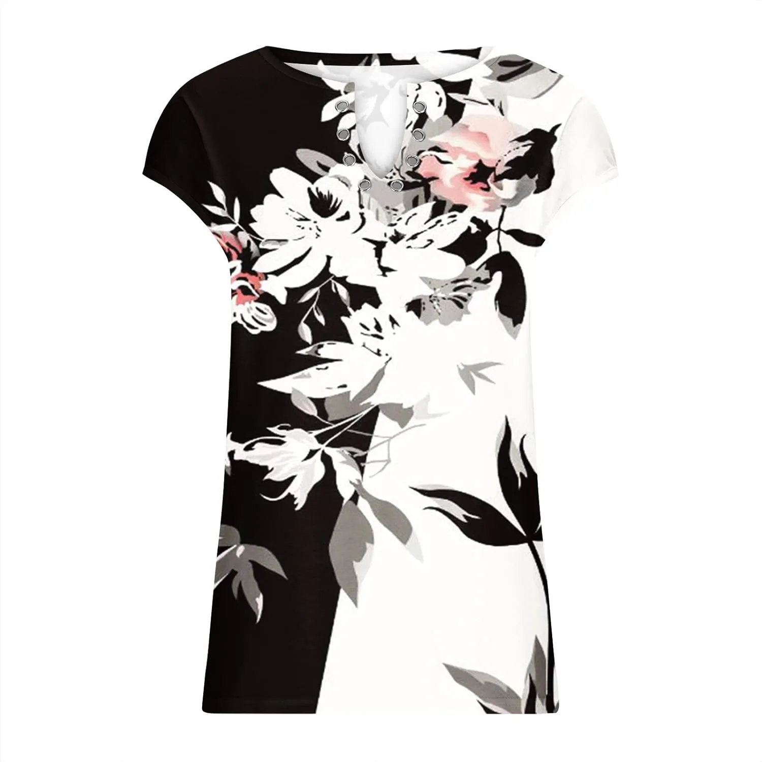 Ceboyel Women Cap Sleeve Blouse Tops Floral Print Fashion Casual T Shirts V Neck Cute Summer Tee Loose Vacation Outfits 2023