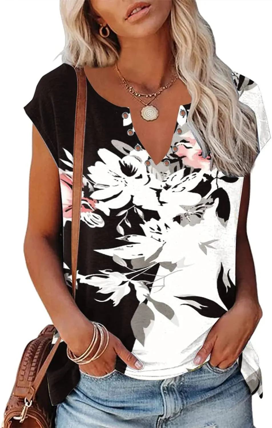 Ceboyel Women Cap Sleeve Blouse Tops Floral Print Fashion Casual T Shirts V Neck Cute Summer Tee Loose Vacation Outfits 2023