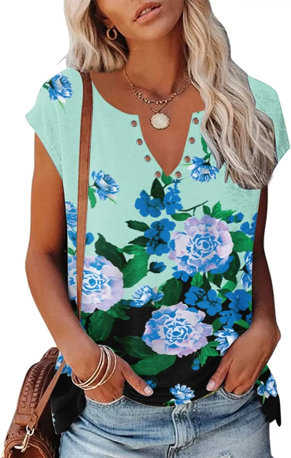 Ceboyel Women Cap Sleeve Blouse Tops Floral Print Fashion Casual T Shirts V Neck Cute Summer Tee Loose Vacation Outfits 2023