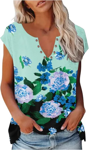 Ceboyel Women Cap Sleeve Blouse Tops Floral Print Fashion Casual T Shirts V Neck Cute Summer Tee Loose Vacation Outfits 2023