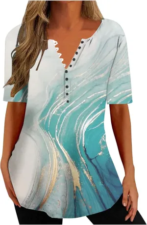 Ceboyel Women Floral Print Henley Shirts Button Down V Neck Sexy Causal Tops Short Sleeve Tunic Blouses Dressy Ladies Outfits