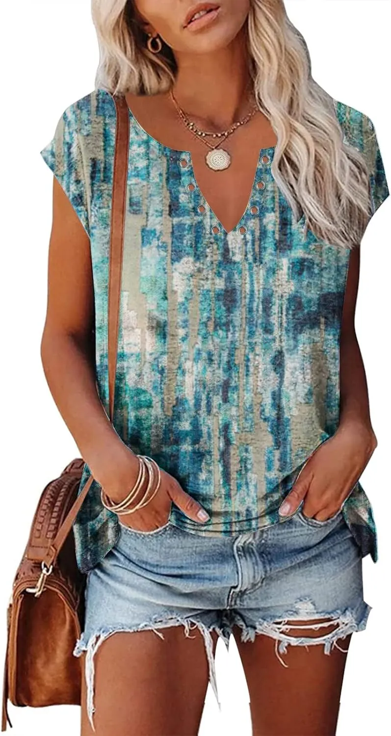 Ceboyel Women Paisley Print Summer Tops Cap Sleeve Blouses Shirts V Neck Vintage Tunic Dressy Causal Going Out Clothing