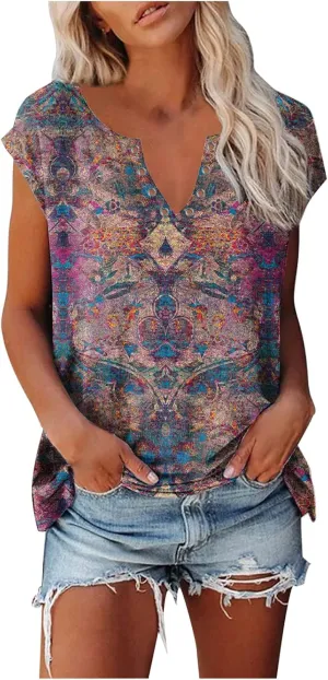 Ceboyel Women Paisley Print Summer Tops Cap Sleeve Blouses Shirts V Neck Vintage Tunic Dressy Causal Going Out Clothing