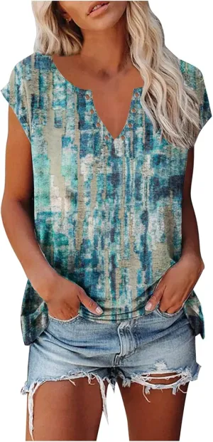 Ceboyel Women Paisley Print Summer Tops Cap Sleeve Blouses Shirts V Neck Vintage Tunic Dressy Causal Going Out Clothing