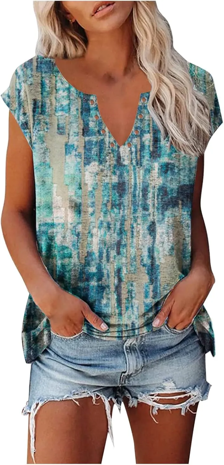 Ceboyel Women Paisley Print Summer Tops Cap Sleeve Blouses Shirts V Neck Vintage Tunic Dressy Causal Going Out Clothing