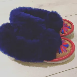 Children's Sheepskin Moccasin Slippers - Navy Fur