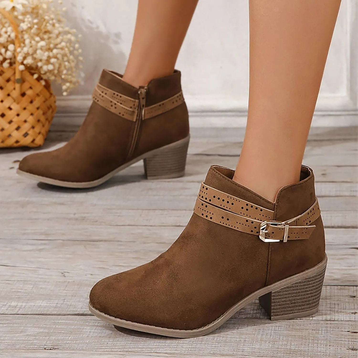 ClassI C Versatile Women Solid Dark Brown Ankle Boots With Side Zipper Round Toe Mid Heel Flat Boots for Women Low Heel