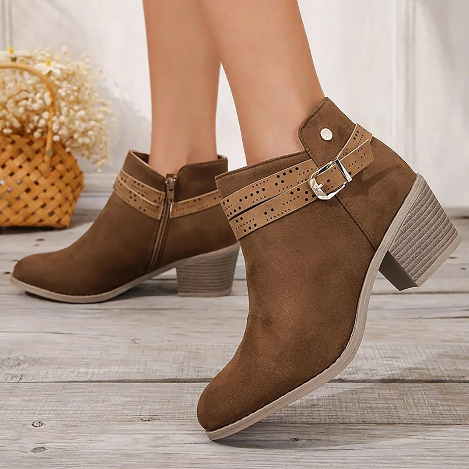 ClassI C Versatile Women Solid Dark Brown Ankle Boots With Side Zipper Round Toe Mid Heel Flat Boots for Women Low Heel
