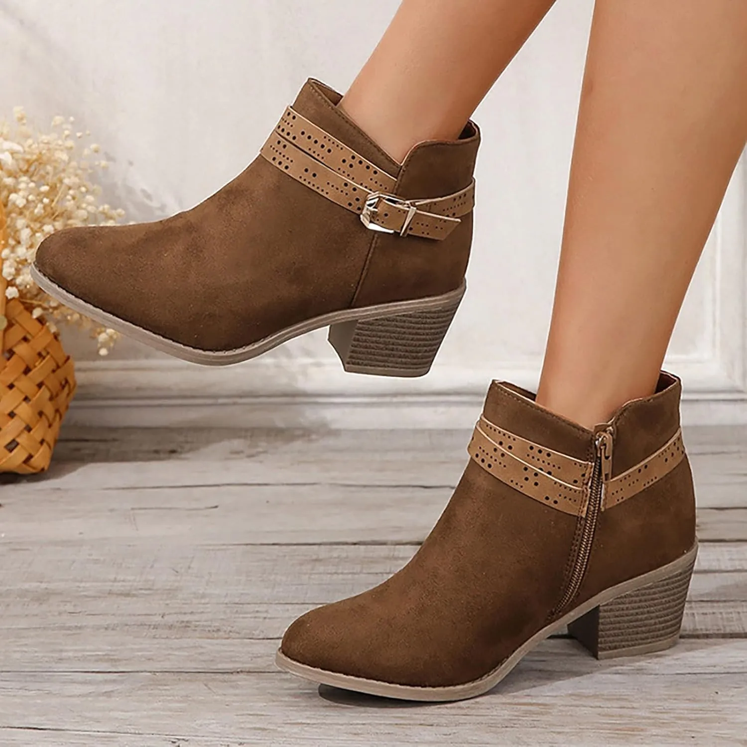 ClassI C Versatile Women Solid Dark Brown Ankle Boots With Side Zipper Round Toe Mid Heel Flat Boots for Women Low Heel