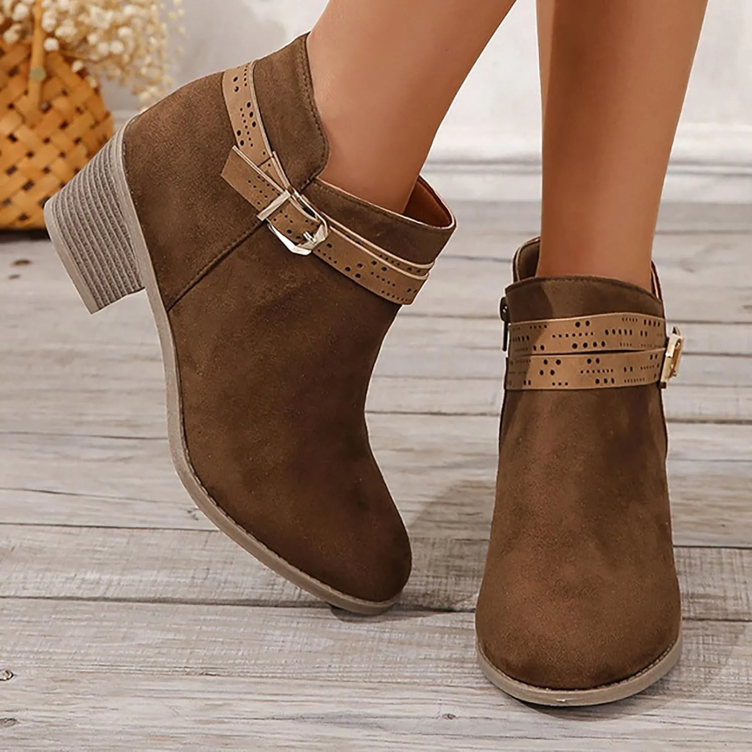 ClassI C Versatile Women Solid Dark Brown Ankle Boots With Side Zipper Round Toe Mid Heel Flat Boots for Women Low Heel