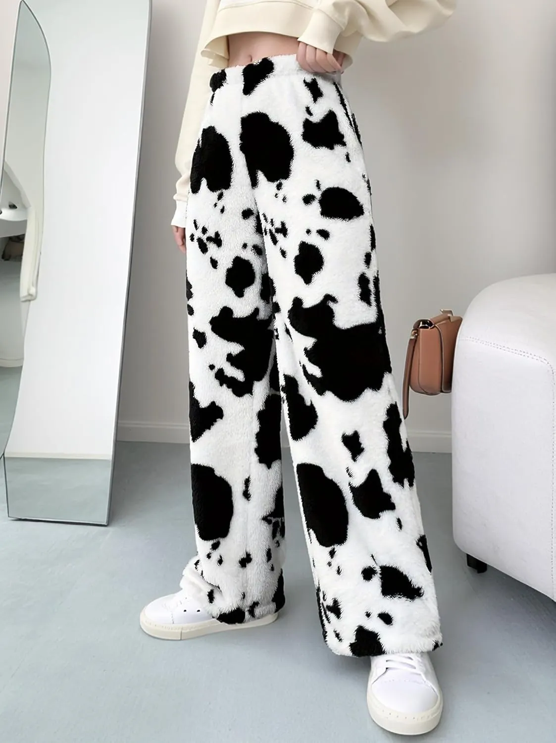 Cow Print Fuzzy Pajamas Pants for Women Elastic High Waist Casual Fluffy Sherpa Fleece Warm Lounge Long Pants