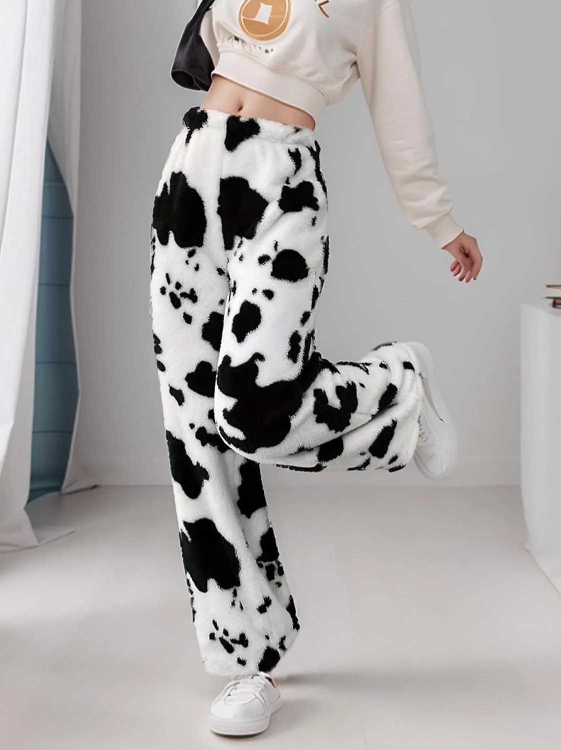 Cow Print Fuzzy Pajamas Pants for Women Elastic High Waist Casual Fluffy Sherpa Fleece Warm Lounge Long Pants