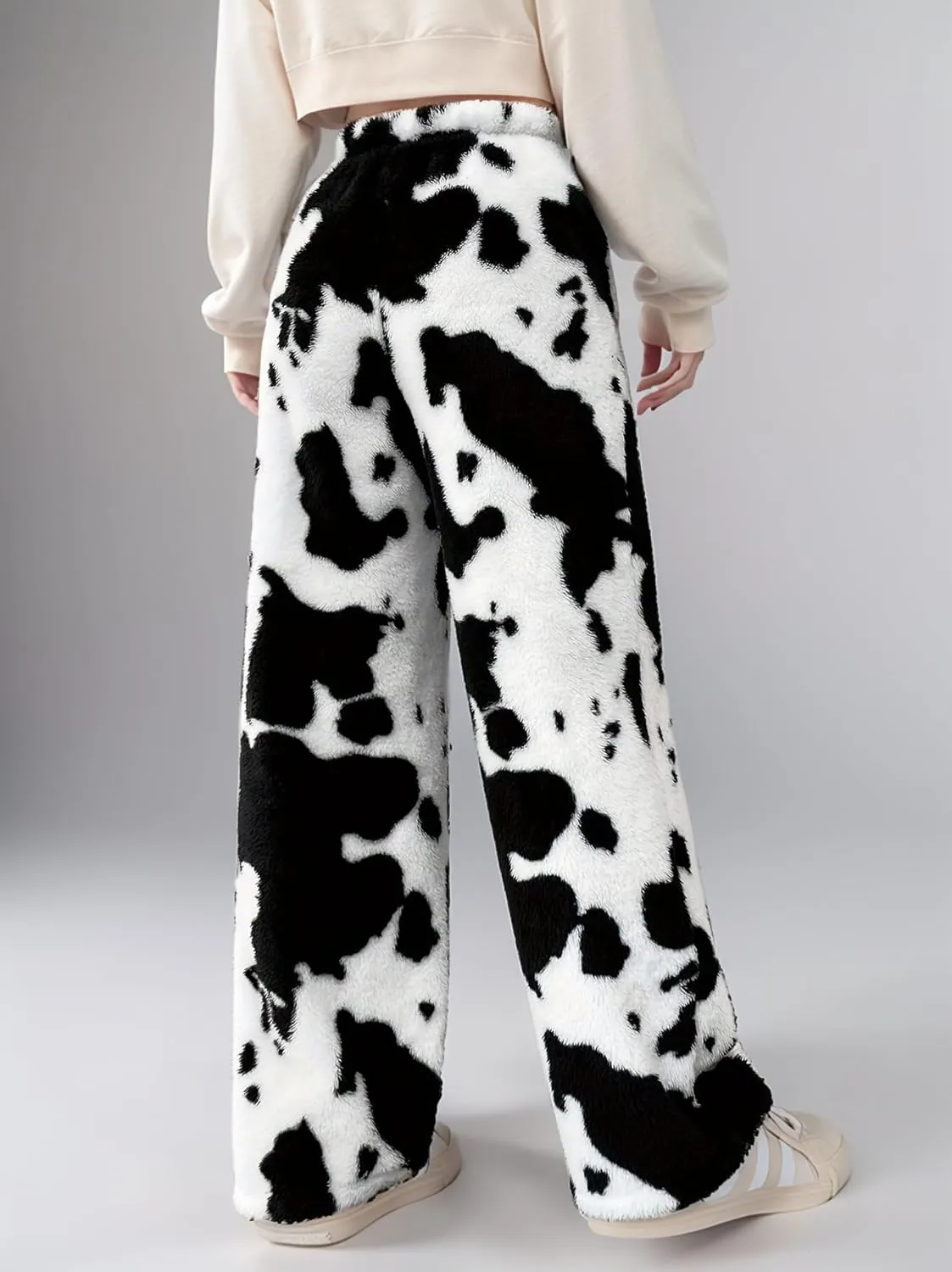Cow Print Fuzzy Pajamas Pants for Women Elastic High Waist Casual Fluffy Sherpa Fleece Warm Lounge Long Pants