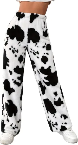 Cow Print Fuzzy Pajamas Pants for Women Elastic High Waist Casual Fluffy Sherpa Fleece Warm Lounge Long Pants