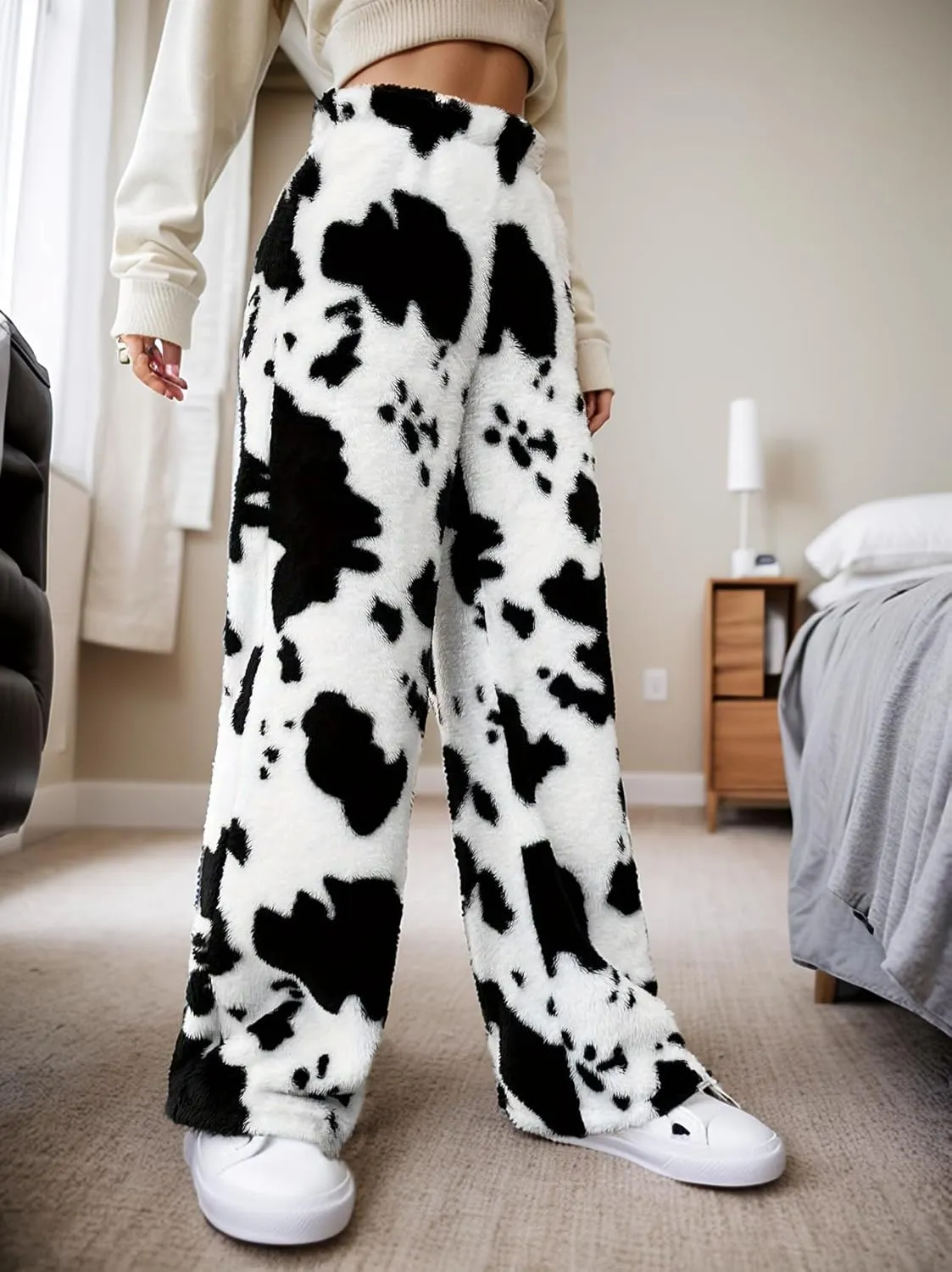 Cow Print Fuzzy Pajamas Pants for Women Elastic High Waist Casual Fluffy Sherpa Fleece Warm Lounge Long Pants