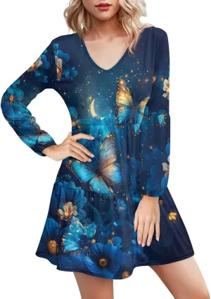 Cozeyat Women Casual Summer Dress Long Sleeve Autumn Flared Midi Dress V-Neck High Waisted Sundress