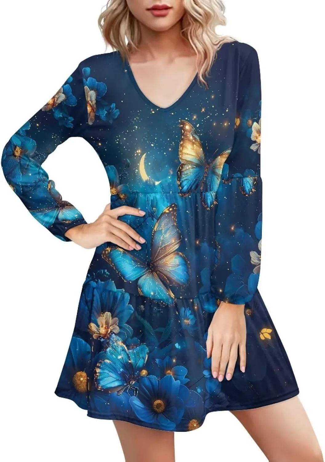 Cozeyat Women Casual Summer Dress Long Sleeve Autumn Flared Midi Dress V-Neck High Waisted Sundress