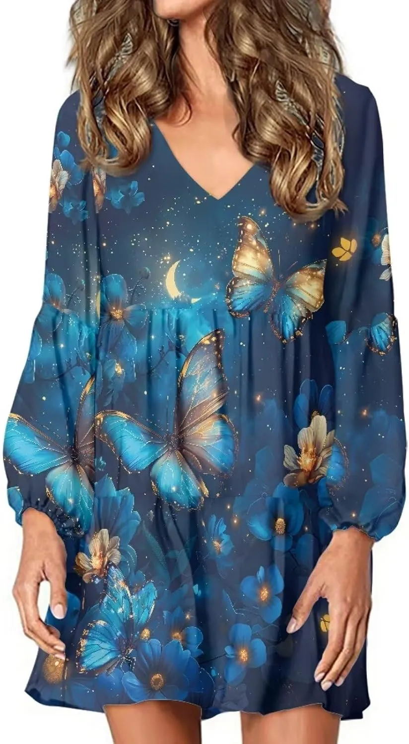Cozeyat Women Casual Summer Dress Long Sleeve Autumn Flared Midi Dress V-Neck High Waisted Sundress