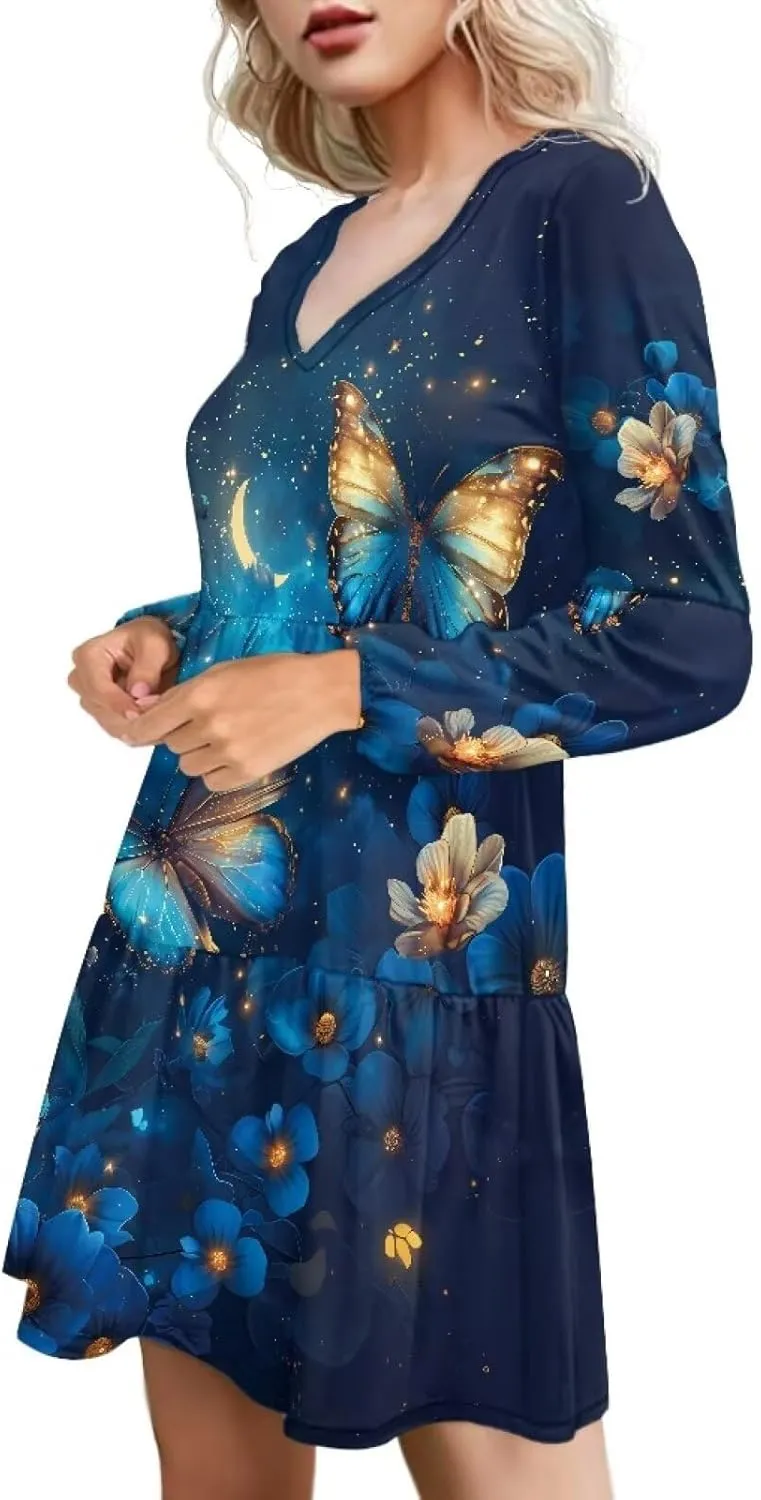 Cozeyat Women Casual Summer Dress Long Sleeve Autumn Flared Midi Dress V-Neck High Waisted Sundress