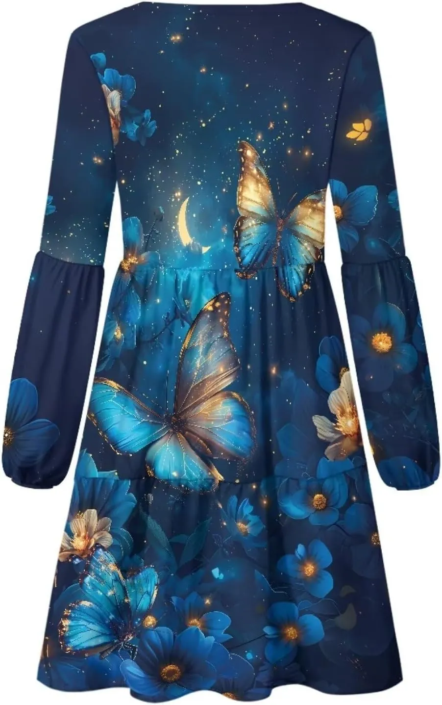 Cozeyat Women Casual Summer Dress Long Sleeve Autumn Flared Midi Dress V-Neck High Waisted Sundress